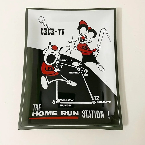 Vtg CKCK TV The Home Run Station Glass Tray Plate  Regina Advertising 9 x 7 In - Picture 1 of 16